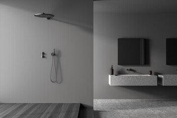 Dark grey minimalist shower room with square mirrors