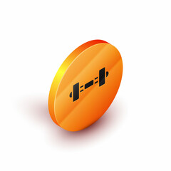Isometric Dumbbell icon isolated on white background. Muscle lifting icon, fitness barbell, gym, sports equipment, exercise bumbbell. Orange circle button. Vector