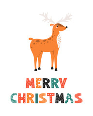 Cute young deer, doodle style inscription Merry Christmas, holiday card, poster, print