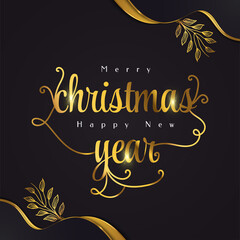 Fototapeta na wymiar Merry Christmas and Happy New Year Banner or Poster with Golden Flowers. Elegant Christmas Greeting card in Black and Gold