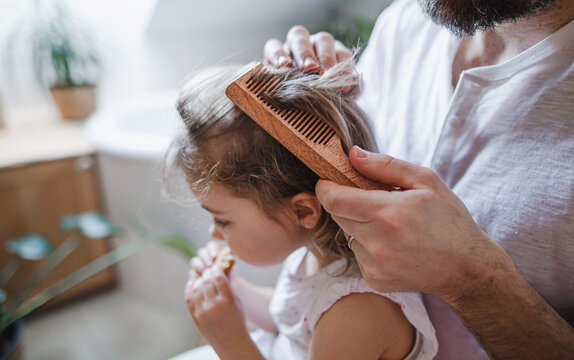 Unrecognizable father with small daughter indoors in bathroom at home, combing hair.