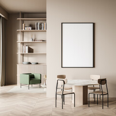 Empty canvas in small beige dining room with green armchair on background