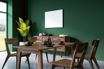 Green dining room interior with furniture and window, mockup poster