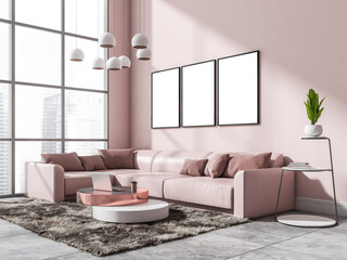 Pink living room interior with sofa and coffee table near window, mockup posters