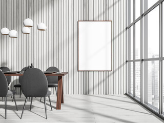 Light dining room interior with furniture and panoramic window, mockup poster