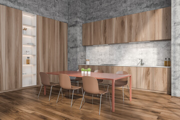 Wood kitchen with concrete wall. Corner view.