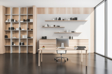 Creative light wood office with simple desk