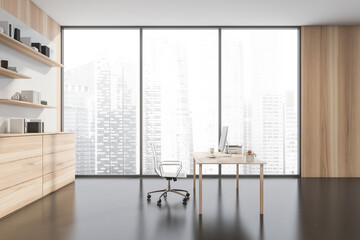 Light wood personal office interior with minimalist executive office desk