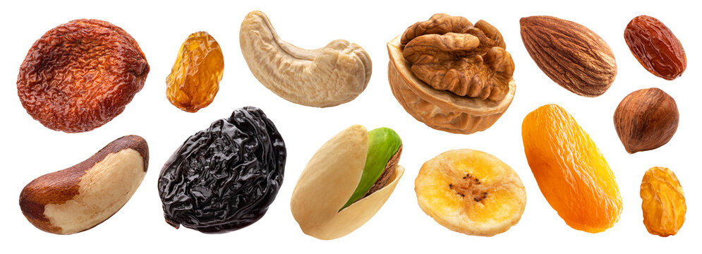 Set of nuts and dried fruits isolated on white background