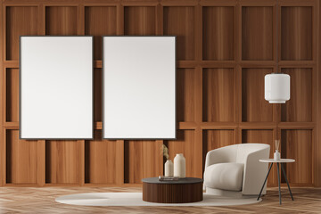 Two empty canvases on wood wall of living room