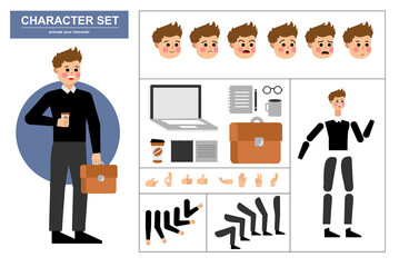 Fototapeta na wymiar 3\4 view animated characters. Office man character constructor with various views, face emotions, poses, gestures and office tools. Cartoon style, flat vector illustration