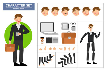 3\4 view animated characters. Office man character constructor with various views, face emotions, poses, gestures and office tools. Cartoon style, flat vector illustration