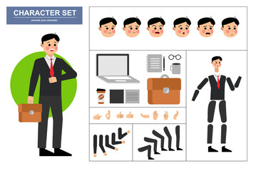 3\4 view animated characters. Office man character constructor with various views, face emotions, poses, gestures and office tools. Cartoon style, flat vector illustration