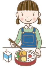 お弁当を食べる女の子のイラスト/This is an illustration of a child eating a lunch box.