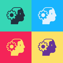 Pop art Humanoid robot icon isolated on color background. Artificial intelligence, machine learning, cloud computing. Vector