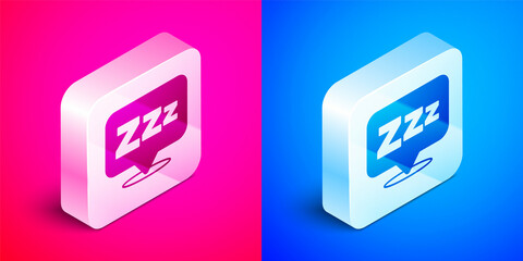 Isometric Sleepy icon isolated on pink and blue background. Sleepy zzz black talk bubble. Silver square button. Vector