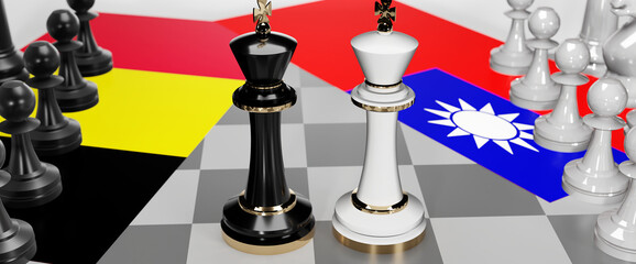 Belgium and Taiwan conflict, clash, crisis and debate between those two countries that aims at a trade deal and dominance symbolized by a chess game with national flags, 3d illustration