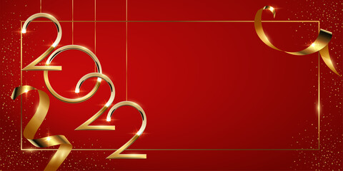 2022 Happy New Year greeting card, shiny falling confetti, swirls of gold ribbon on frame