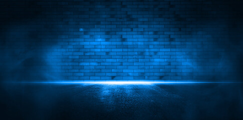 Neon blue light on neon brick wall.	
