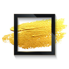 Black square border on golden brush stroke, 3d frame of round geometric shape, gold splash