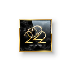 2022, Happy New Year design, 3d square badge with golden frame, text on marble inside