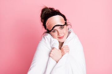 Portrait of pretty positive girl wear white blanket smile have good mood isolated on pink color background