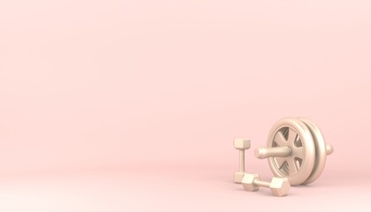 Obraz na płótnie Canvas Golden dumbbells and ab wheel on pastel pink background. Female workout concept. 3D rendered illustration.