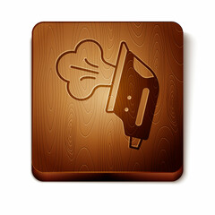 Brown Electric iron icon isolated on white background. Steam iron. Wooden square button. Vector