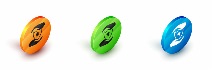 Isometric House with shield icon isolated on white background. Insurance concept. Security, safety, protection, protect concept. Circle button. Vector