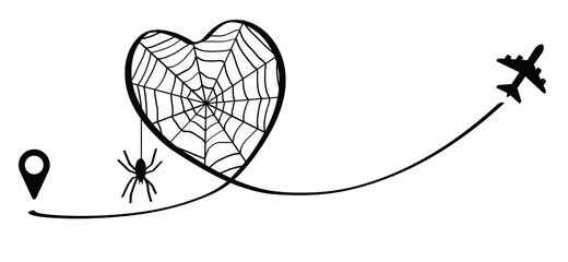 Spiderweb pattern. Cartoon halloween party, october. Vector cobweb, travel airplane line path of air plane flight route with start point icon. Air plane flying. Spider web fly location pointer route.