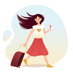 a modern girl travels with luggage, vector illustration