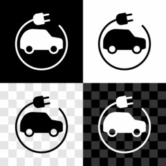 Set Electric car and electrical cable plug charging icon isolated on black and white, transparent background. Renewable eco technologies. Vector