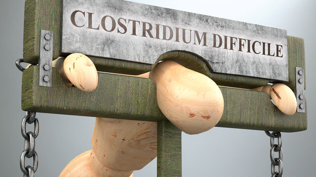 Clostridium difficile impact and social influence shown as a figure in pillory to demonstrate Clostridium difficile's effect on health and burden it brings to life, 3d illustration