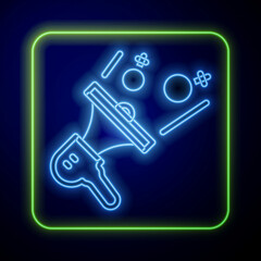 Glowing neon Female movement, feminist activist with banner and placards icon isolated on blue background. Feminist rights movement, feminism sisterhood. Vector