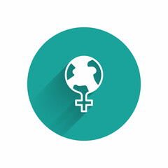 White Feminism in the world icon isolated with long shadow background. Fight for freedom, independence, equality. Green circle button. Vector