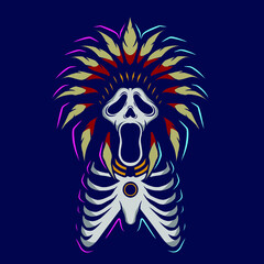 Apache indian warrior hero Line Pop Art logo. Halloween ghost face design with dark background. Abstract vector illustration