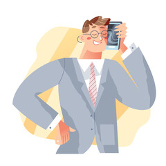 Businessman calling on mobile phone, office worker in suit standing, holding cellphone