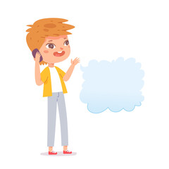 Cute boy kid talking mobile phone, little child using cellphone to call friends or family