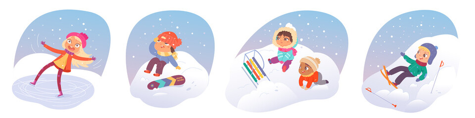 Fall accident of kids in winter set, cute sad boy and girl falling while playing outside