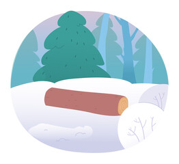 Snowy forest, winter nature scene, scenery with log lying in snowdrift near pine trees
