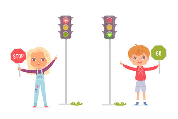 Blonde children study traffic rules together. Girl holds road sign in her hands, traffic prohibited, boys sign - you can go, they standing on edge of carriageway near traffic lights - obrazy, fototapety, plakaty