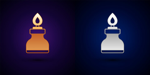 Gold and silver Alcohol or spirit burner icon isolated on black background. Chemical equipment. Vector
