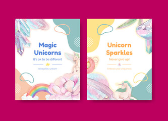 Cover template with unicorn concept,watercolor style