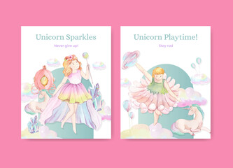 Cover template with unicorn concept,watercolor style