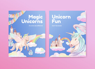 Cover template with unicorn concept,watercolor style
