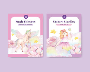Cover template with unicorn concept,watercolor style