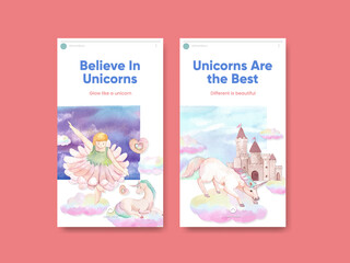 Instagram template with unicorn concept,watercolor style