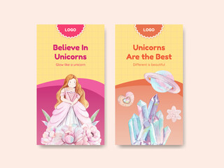 Instagram template with unicorn concept,watercolor style