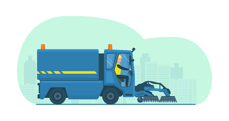 Sweeper mini truck with driver. Vector illustration.