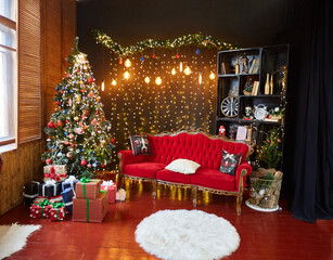 Room decorated for Christmas or new year. The interior of the room with a Christmas tree and decorations